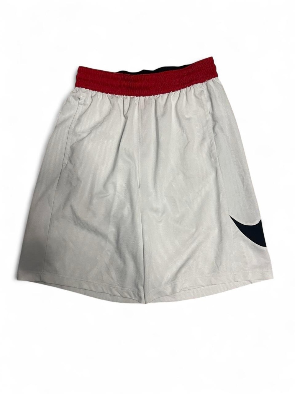 Nike White Athletic Shorts with Red Waistband and Black Swoosh